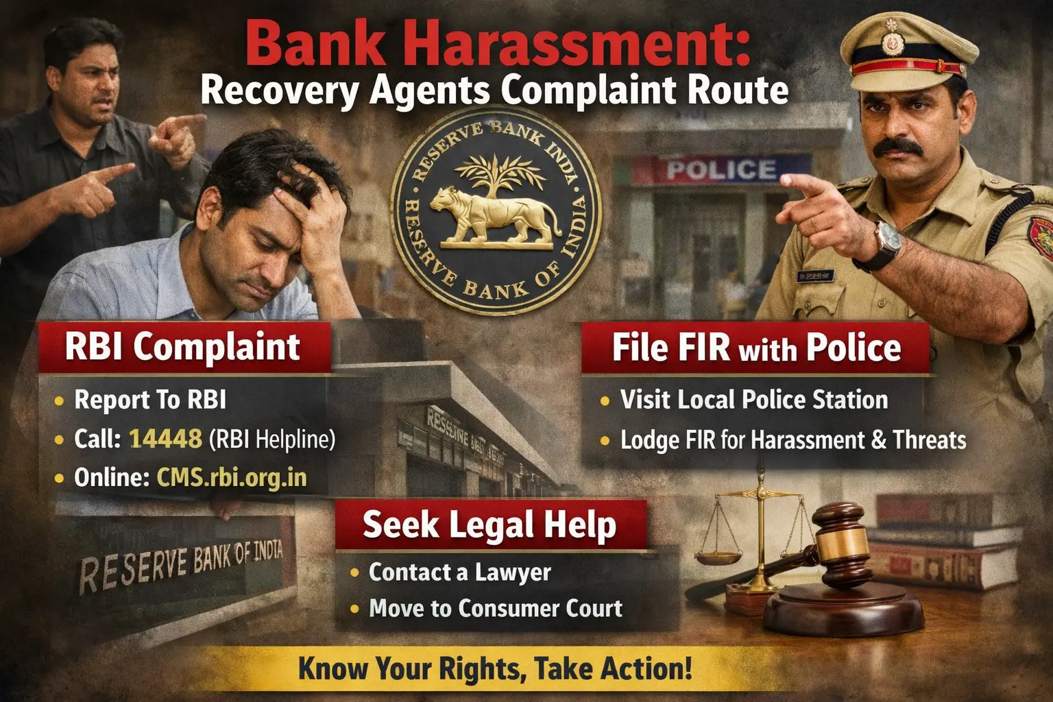 Bank harassment recovery agents can file complaints with the RBI and get help from the police.